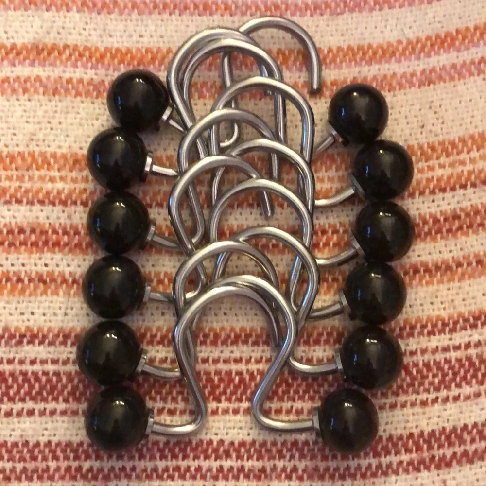 SHOWER CURTAIN HOOKS • BLACK BALLS ON SILVER HOOKS • SET OF 12